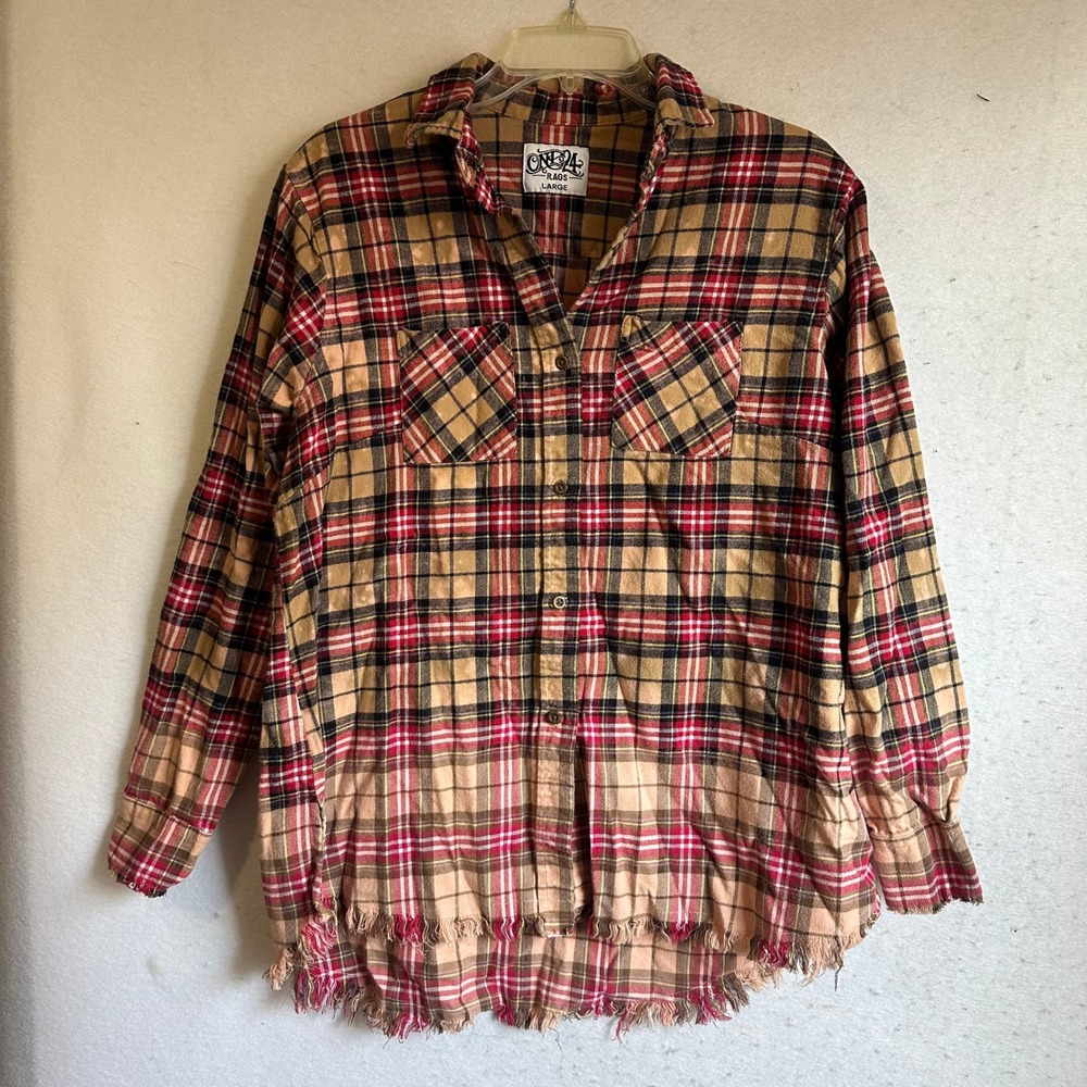 One 24 Rags Plaid Flannel Shirt Tan Red Bleached Dip Dye Frayed Hem Large